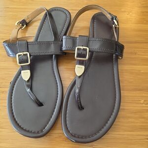 Coach Sandals Dark Purple Patent Leather Thong Shoes with Buckles 9.5